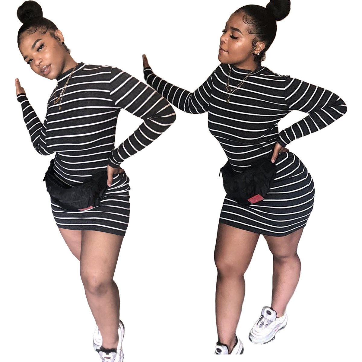 Women Clothing Striped Long Sleeve Short Dress