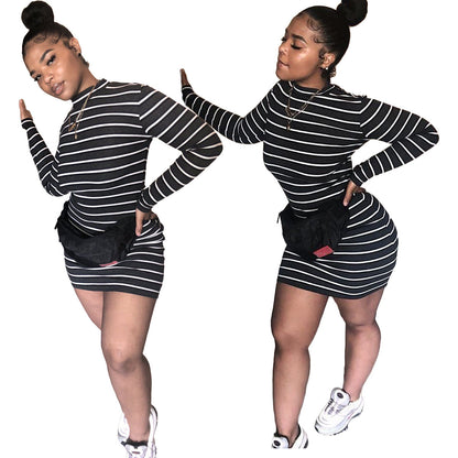 Women Clothing Striped Long Sleeve Short Dress