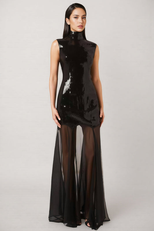 Mayads High Neck Sequin Mesh Maxi Dress