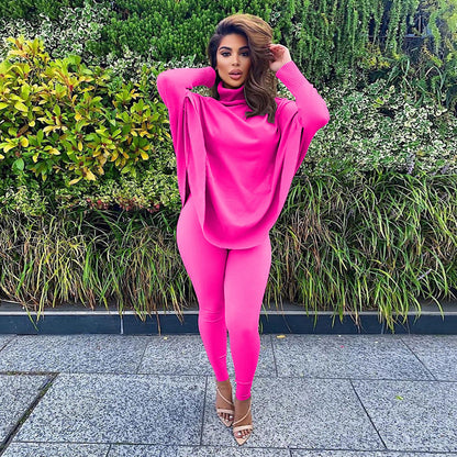 Winter Solid Color Batwing Long Sleeve Two-Piece Set Casual Set