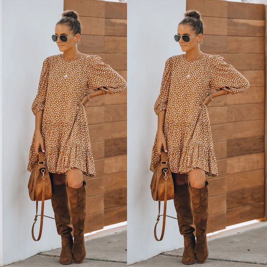 Autumn Winter Floral Long Sleeved Princess Sleeves Dress Home Loose Dress