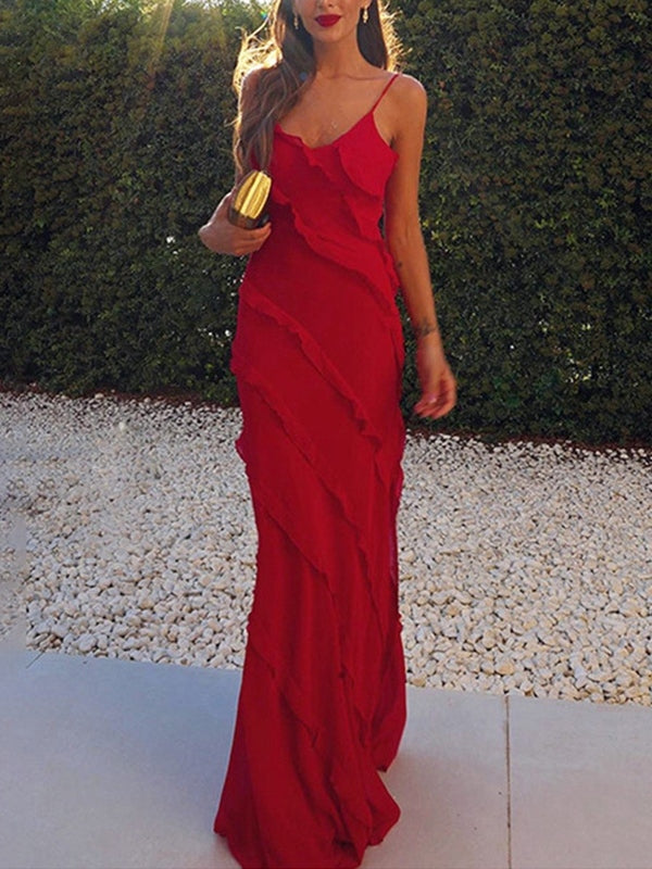 Halter Backless Slit Ruffles Maxi Dress