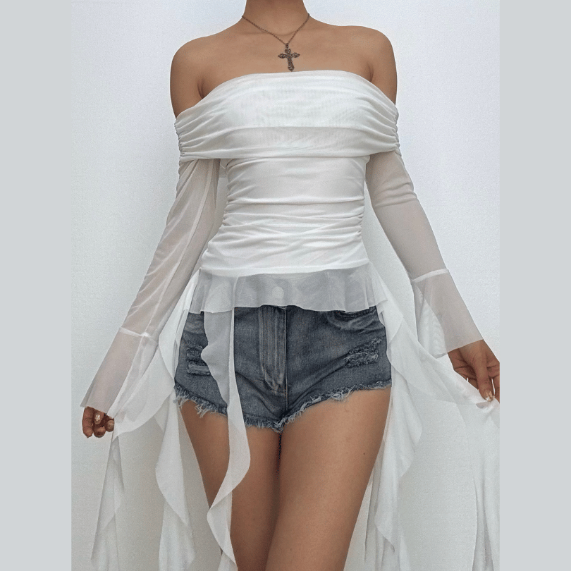 Long flared sleeve off shoulder mesh ruffle solid top  | Festival Outfits Women