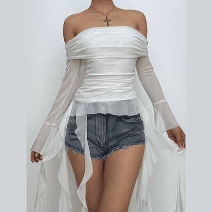 Long flared sleeve off shoulder mesh ruffle solid top  | Festival Outfits Women