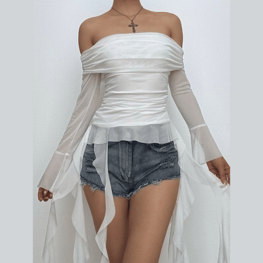 Long flared sleeve off shoulder mesh ruffle solid top  | Festival Outfits Women
