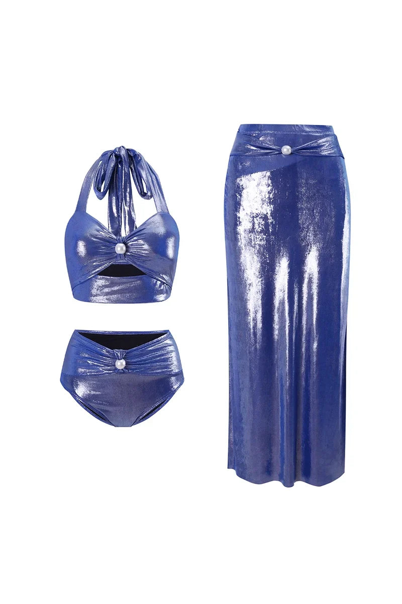 Traje de baño con cuello halter y escote en V profundo Glossy Mist Pearl