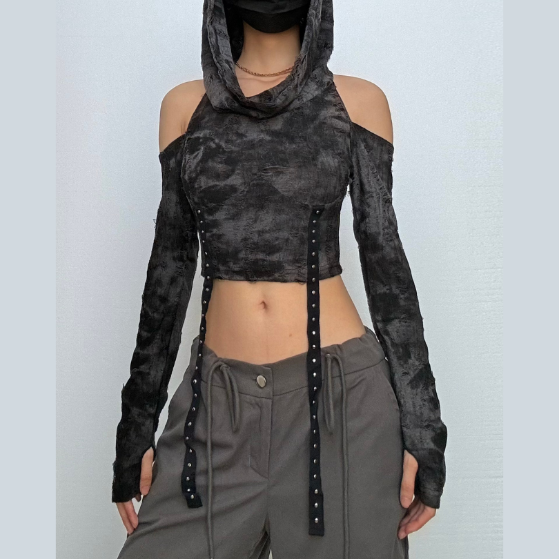 Long sleeve hoodie off shoulder buckle crop top  | Festival Outfits Women