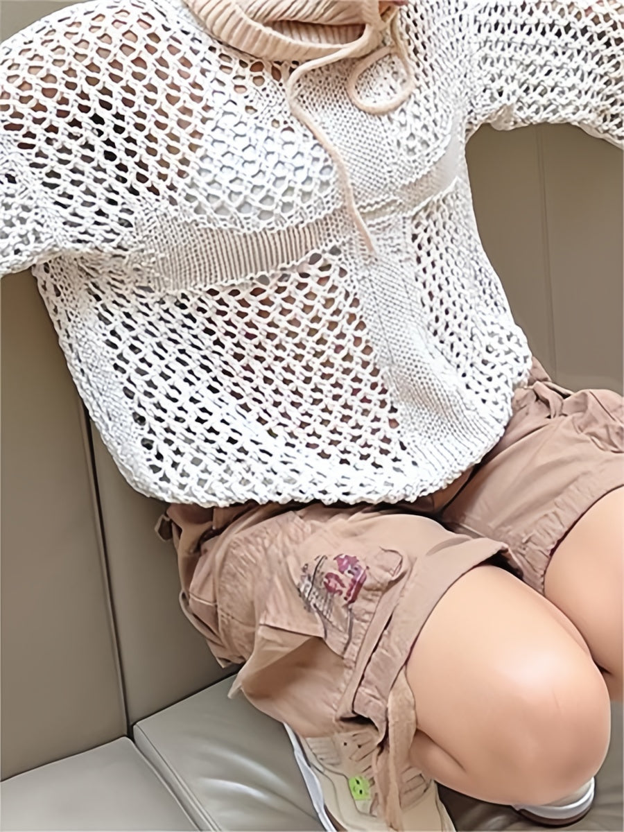 White Long Sleeve Crochet Knit Top with Cross Logo