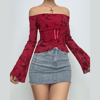 Flared sleeve off shoulder flower pattern top  | Festival Outfits Women