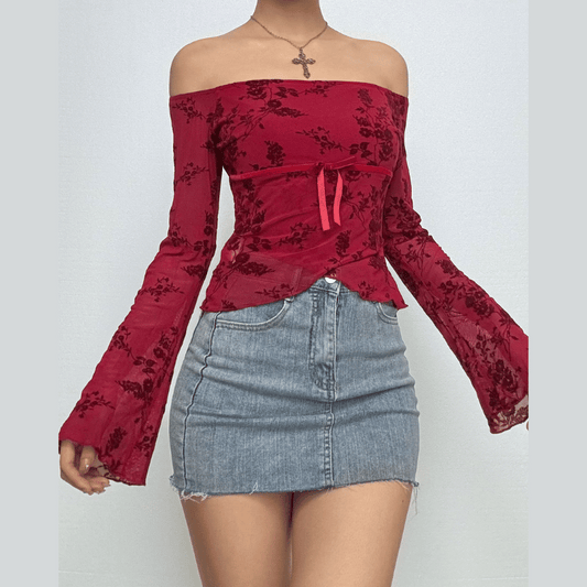Flared sleeve off shoulder flower pattern top  | Festival Outfits Women