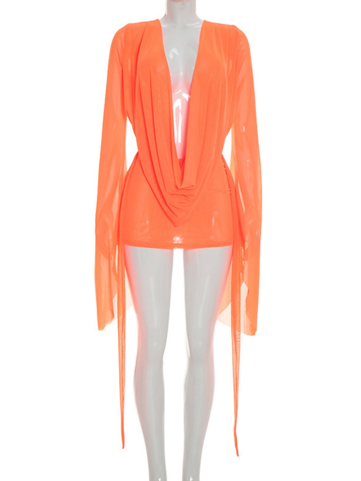 Mesh Dangling Long Sleeves Exposed Backpack Buttocks Mini&Short Dresses