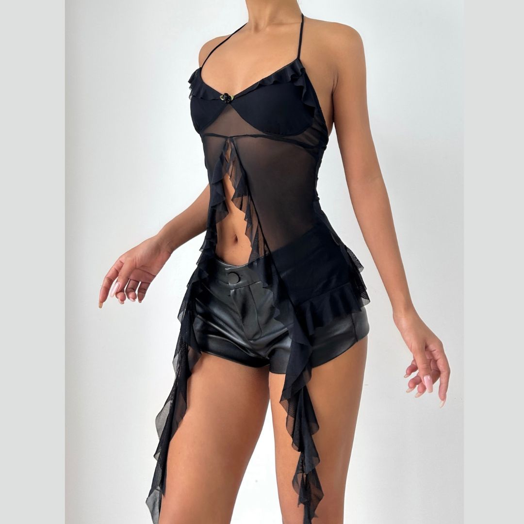 Mesh ruffle self tie v neck halter top  | Festival Outfits Women