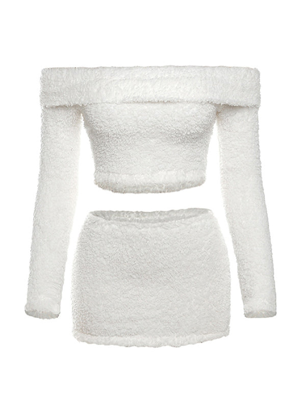 Solid Off Shoulder Fuzzy Long Sleeve Tee & Mini Skirt Set
