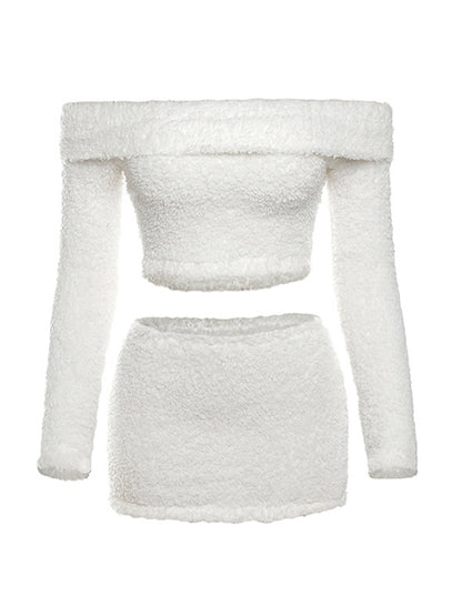 Solid Off Shoulder Fuzzy Long Sleeve Tee & Mini Skirt Set