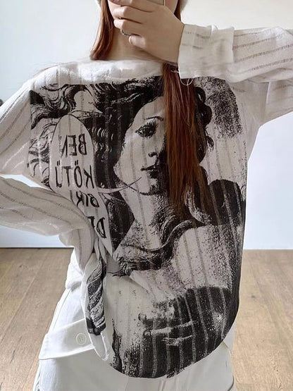 Cutout Portrait Graffiti Print Long Sleeve Knit