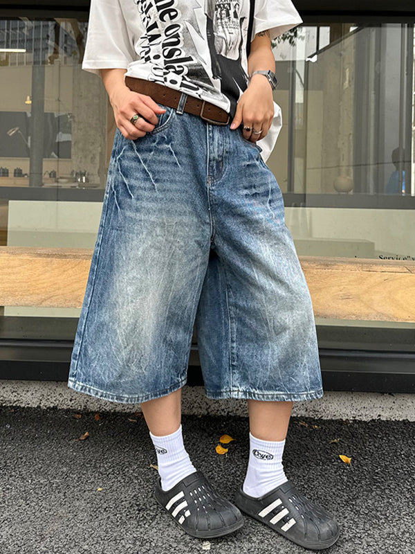 Vintage Washed Lightning Bolt Pattern Denim Shorts