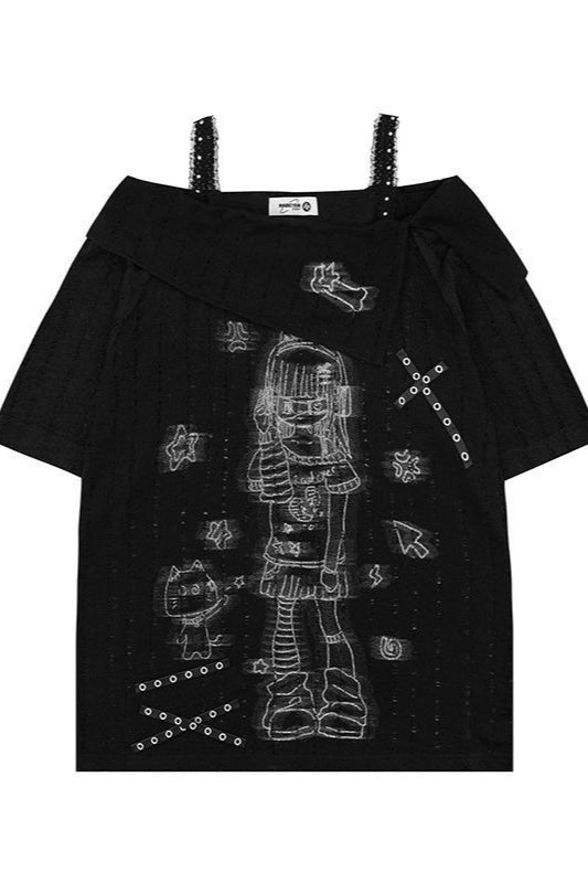 Subculture Loose Lace Sheer Printed Off-Shoulder T-shirt