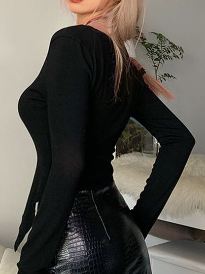 Bat Print Breasted Irregular Hem Long Sleeve Tee