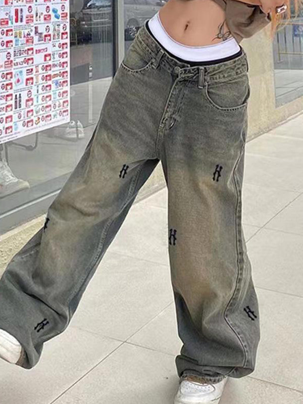Loose Basic Distressed Print Boyfriend Jeans
