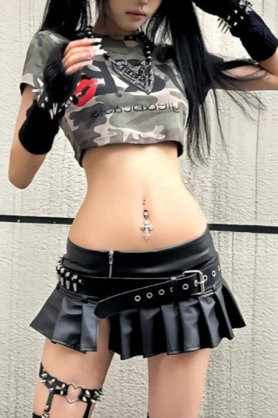 Y2K Distressed Camo Fitted Crop Top