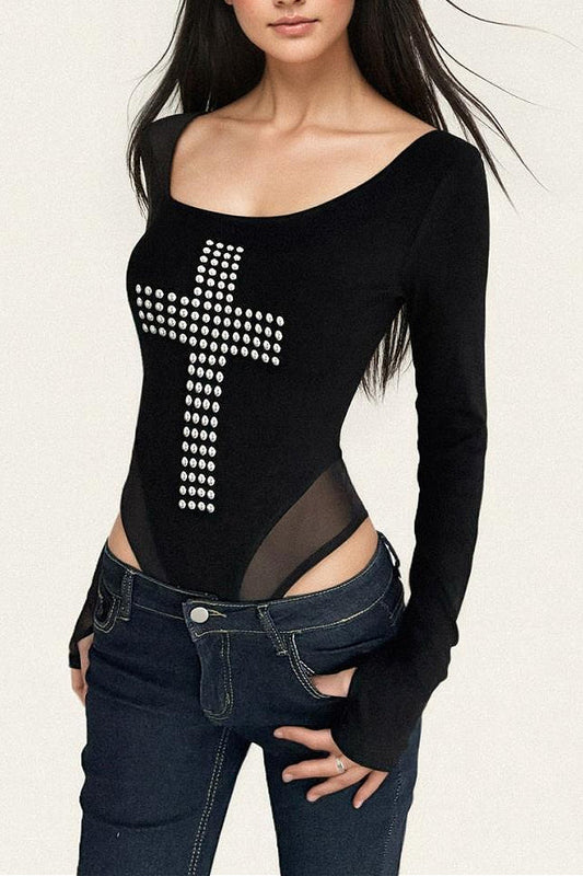 Sexy Cross Mesh Long Sleeve Top
