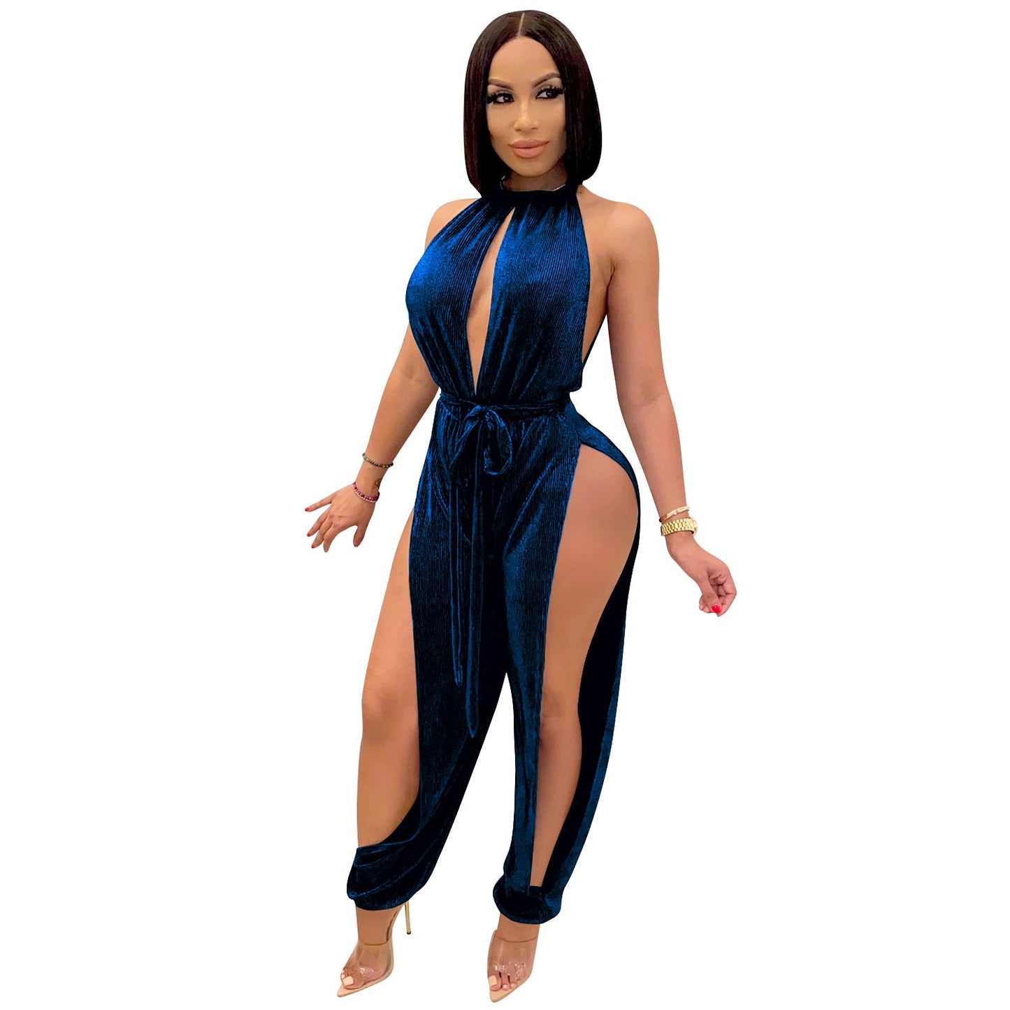 Sexy Lace Up Stretch Split Women Jumpsuit