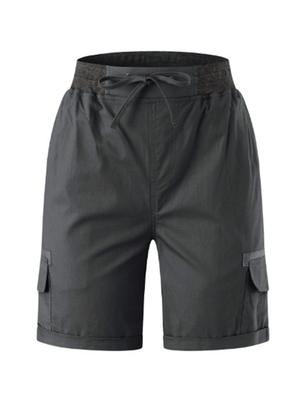 Solid Elastic Waist Multi Pocket Drawstring Shorts