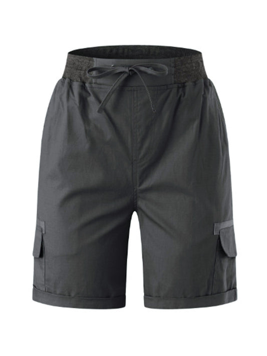 Solid Elastic Waist Multi Pocket Drawstring Shorts