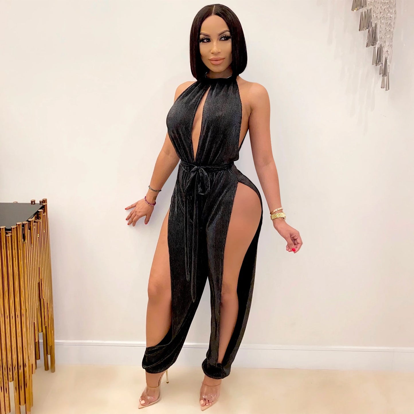 Sexy Lace Up Stretch Split Women Jumpsuit