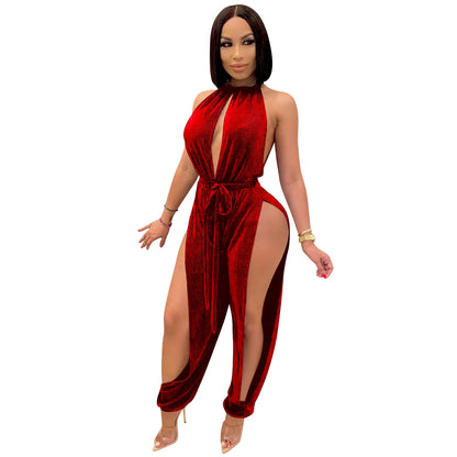 Sexy Lace Up Stretch Split Women Jumpsuit
