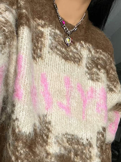 Fuzzy Contrast Color Print Oversized Sweater