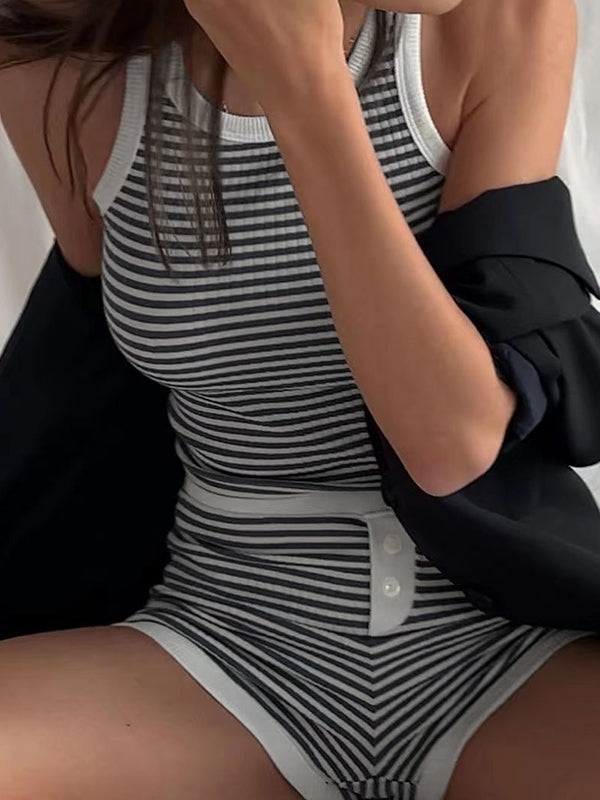 Striped Ribbed Tank Top & Shorts Set