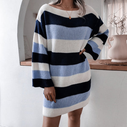 Autumn Winter loose Contrast Color Striped Knitted Sweater Dress Women Clothing