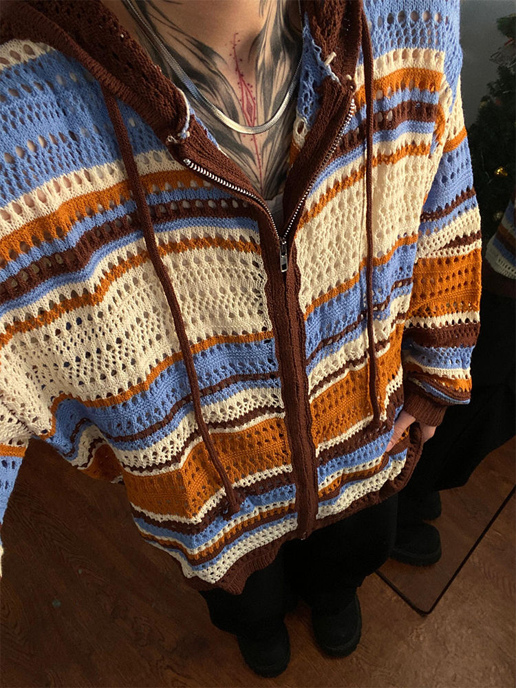 American Retro Dopamine Hollow Knit Cardigan
