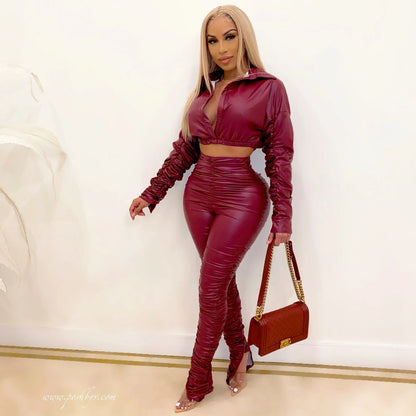 Women Clothing Fashion Casual Faux Leather Ruched Elastic Autumn Winter Two-Piece Set