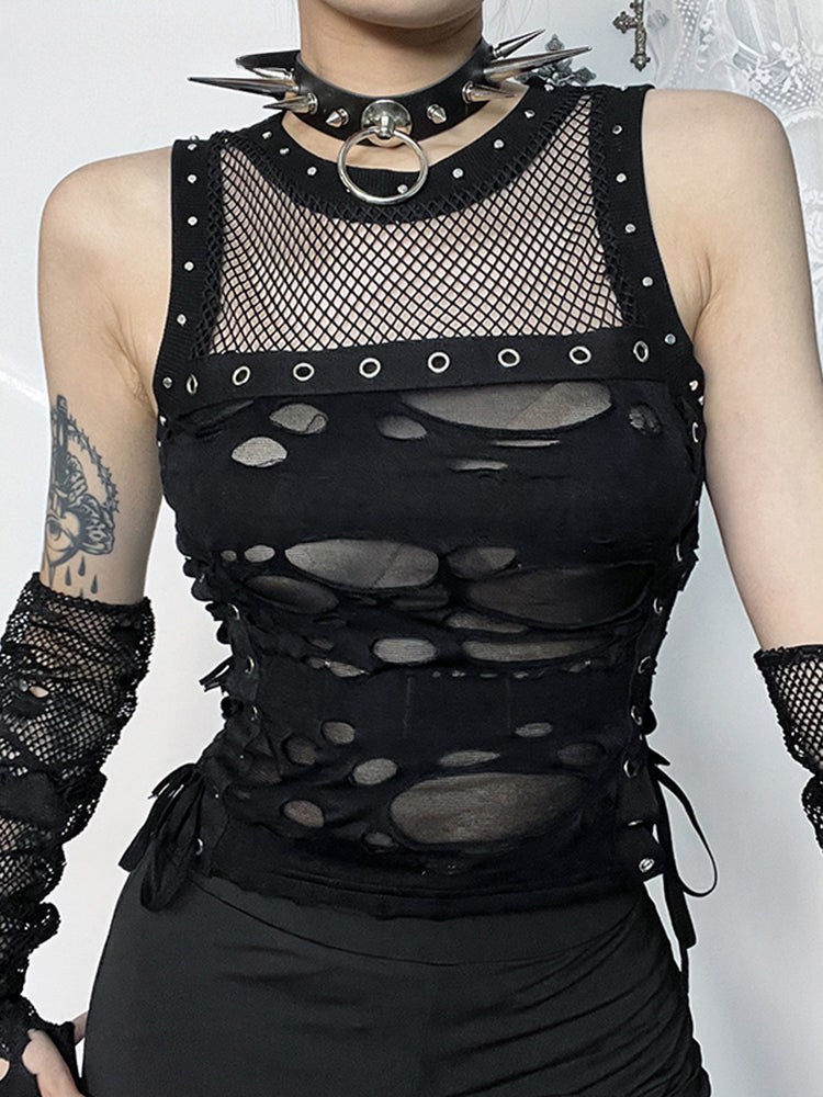 2025 Mall Gothic Sexy Hole See Through Lace-up Streetwear Cyber Punk Rave Fashion Crop Top