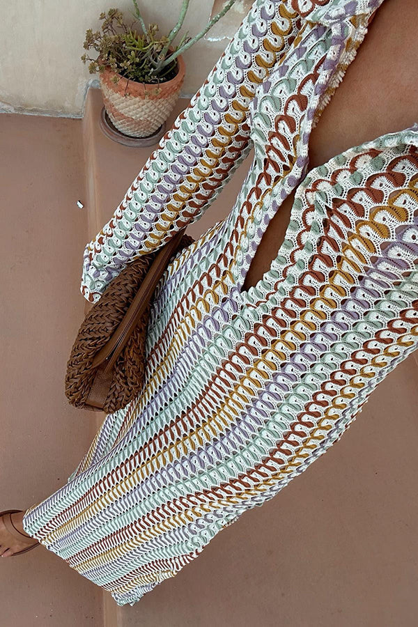 Elegant women's cardigan beach knitted colorful wave print long sleeved vacation dress