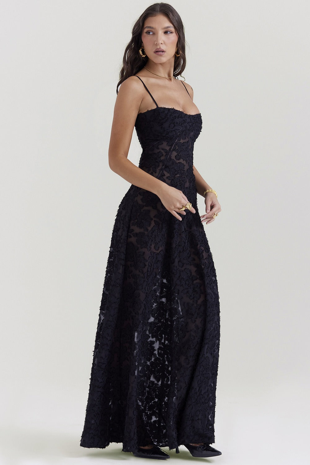 Dainty Lace Spaghetti Strap Tie Waist  Prom Dress