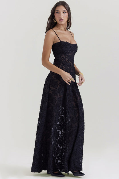 Dainty Lace Spaghetti Strap Tie Waist  Prom Dress