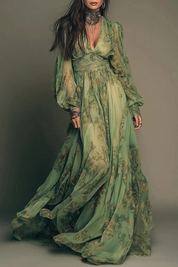 Botanical Print V-neck Long-sleeved Fitted Waist Casual Maxi Dress