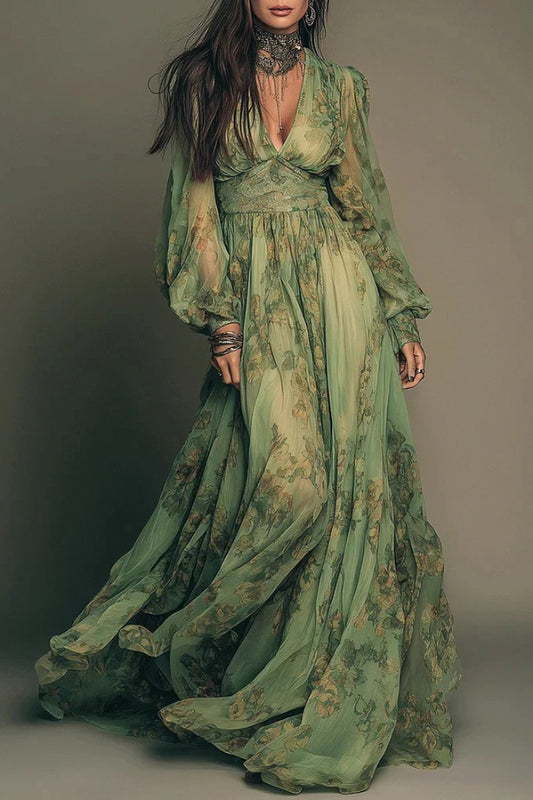 Botanical Print V-neck Long-sleeved Fitted Waist Casual Maxi Dress