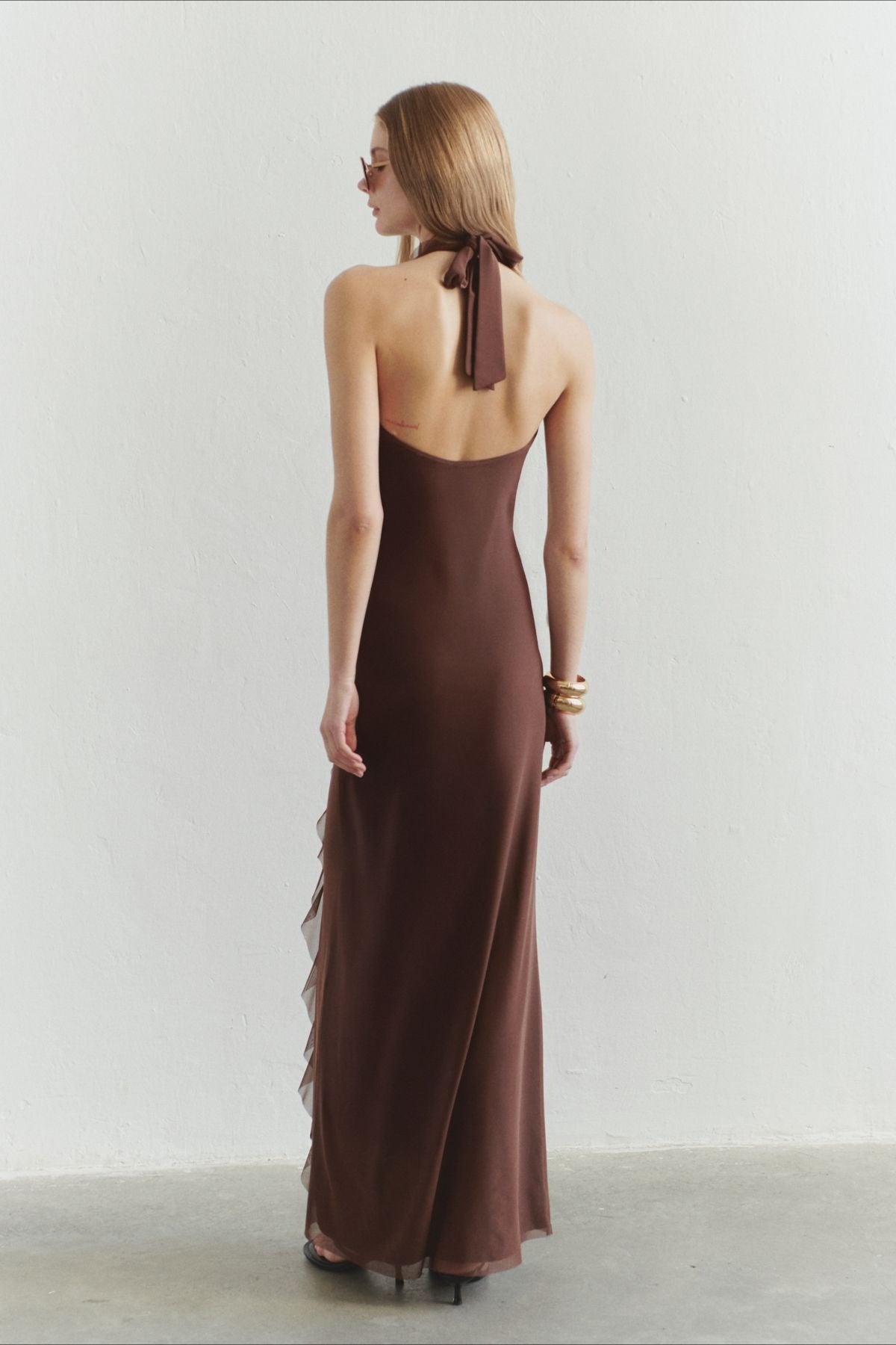 Solid  Halter Deep V Back Lace Detail Long Prom Dress
