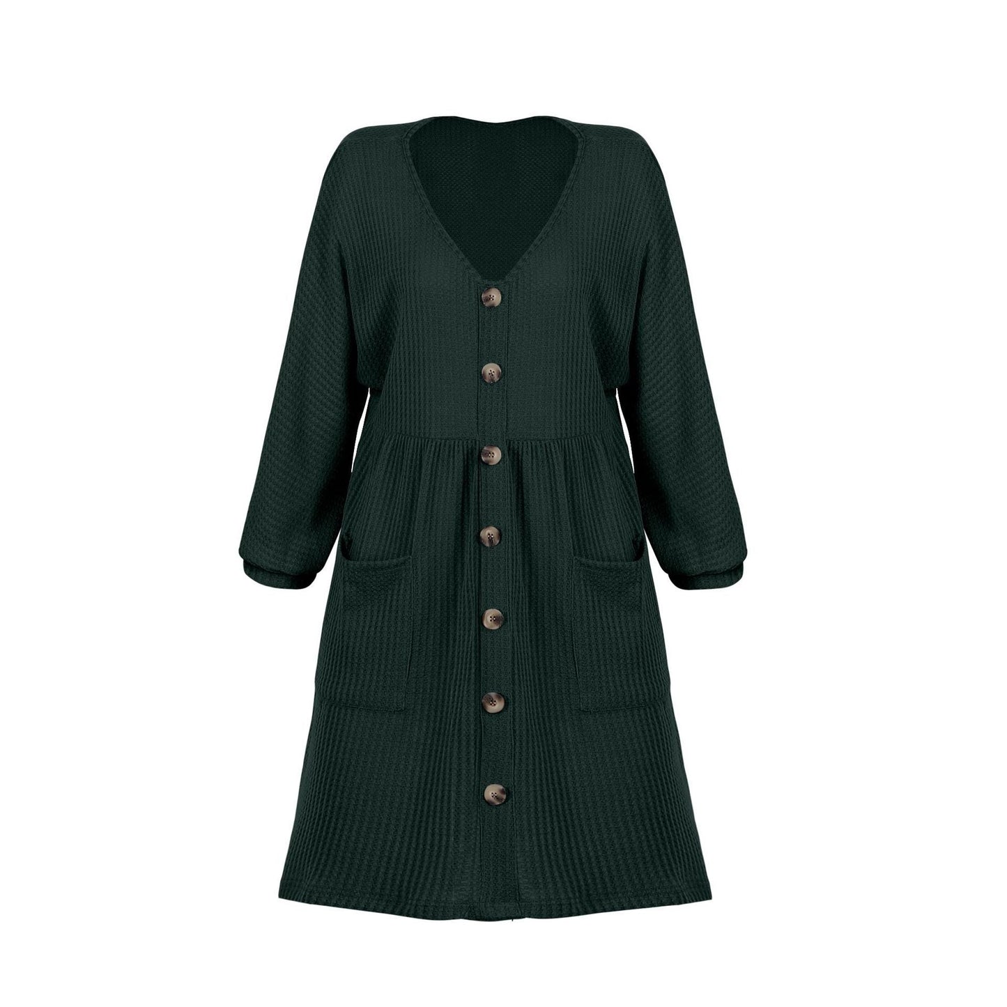 V-Neck Buttoned Loose Knit Hem Mini Dresses