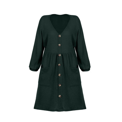 V-Neck Buttoned Loose Knit Hem Mini Dresses