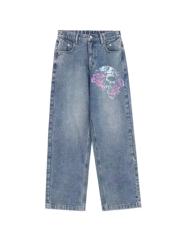 Skull Rose Print Vintage Blue Wide Leg Boyfriend Jeans