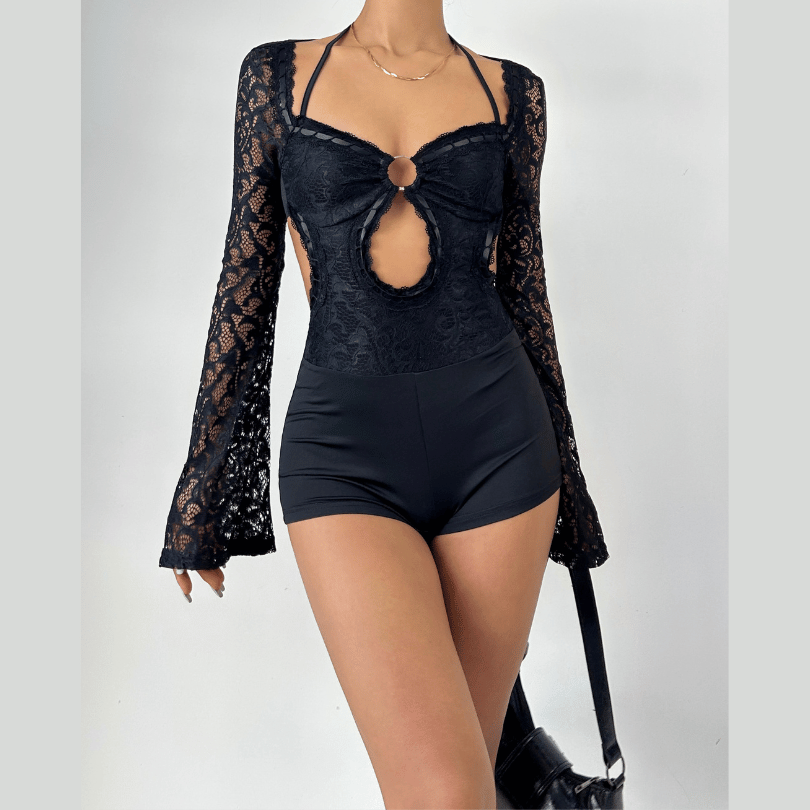Long sleeve halter self tie lace hollow out romper  | Festival Outfits Women