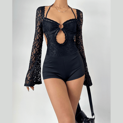 Long sleeve halter self tie lace hollow out romper  | Festival Outfits Women