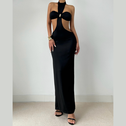 Halter slit solid backless slit maxi dress  | Festival Outfits Women