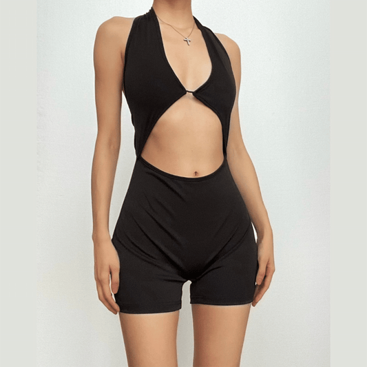 Halter solid v neck hollow out backless romper