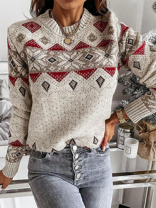 Jersey informal de punto con cuello redondo y diseño geométrico color albaricoque para mujer | Ideal para otoño/invierno